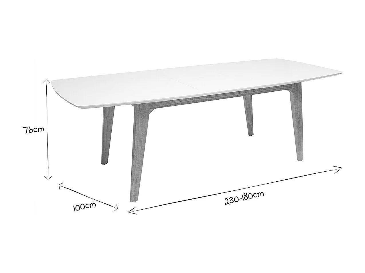 Table extensible rallonges intégrées rectangulaire finition bois blanc et hévéa massif L180-230 cm FIFTIES