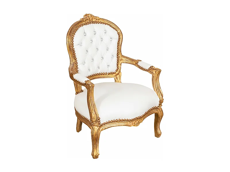 BISCOTTINI Fauteuil bébé en bois de hêtre Louis XVI - Bois massif finition blanc/or - Fauteuil de salle à manger, fauteuil de salon 51x50x73 cm