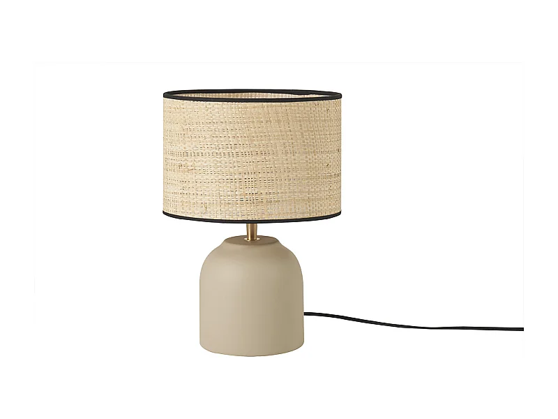 Lampe à poser taupe en céramique mate et abat-jour en raphia H35 cm ROCHA