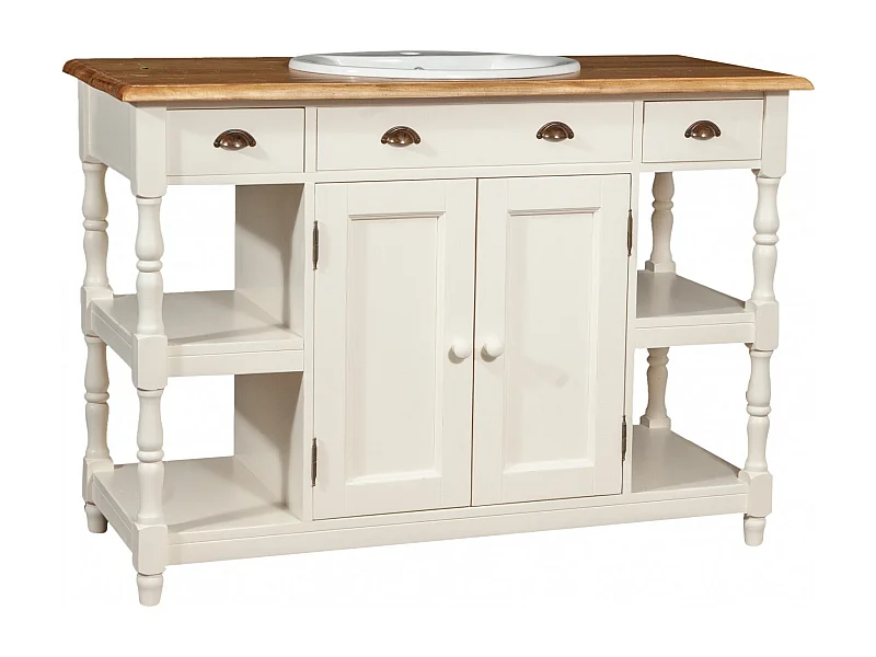 Mobilier de salle de bain BISCOTTINI - Bois de tilleul massif avec finition blanche antique - Rangement - Présentation - Étagères - Armoire - 128x54x92cm
