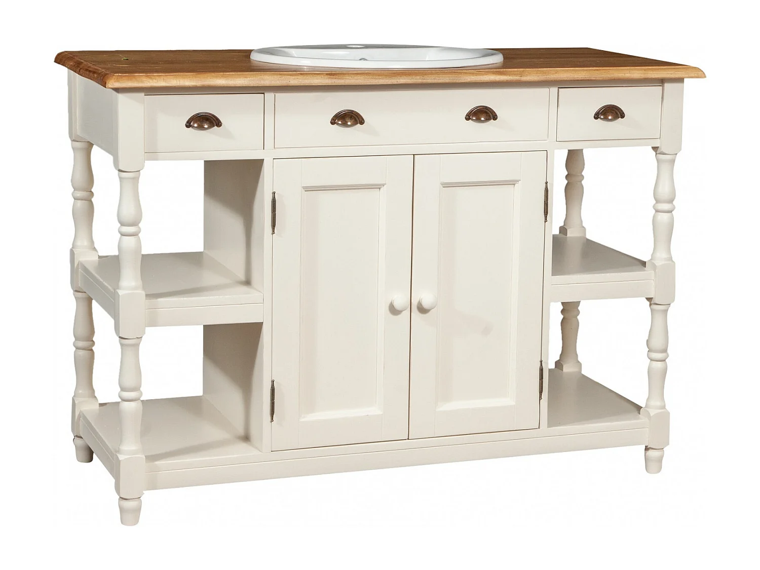 Mobilier de salle de bain BISCOTTINI - Bois de tilleul massif avec finition blanche antique - Rangement - Présentation - Étagères - Armoire - 128x54x92cm