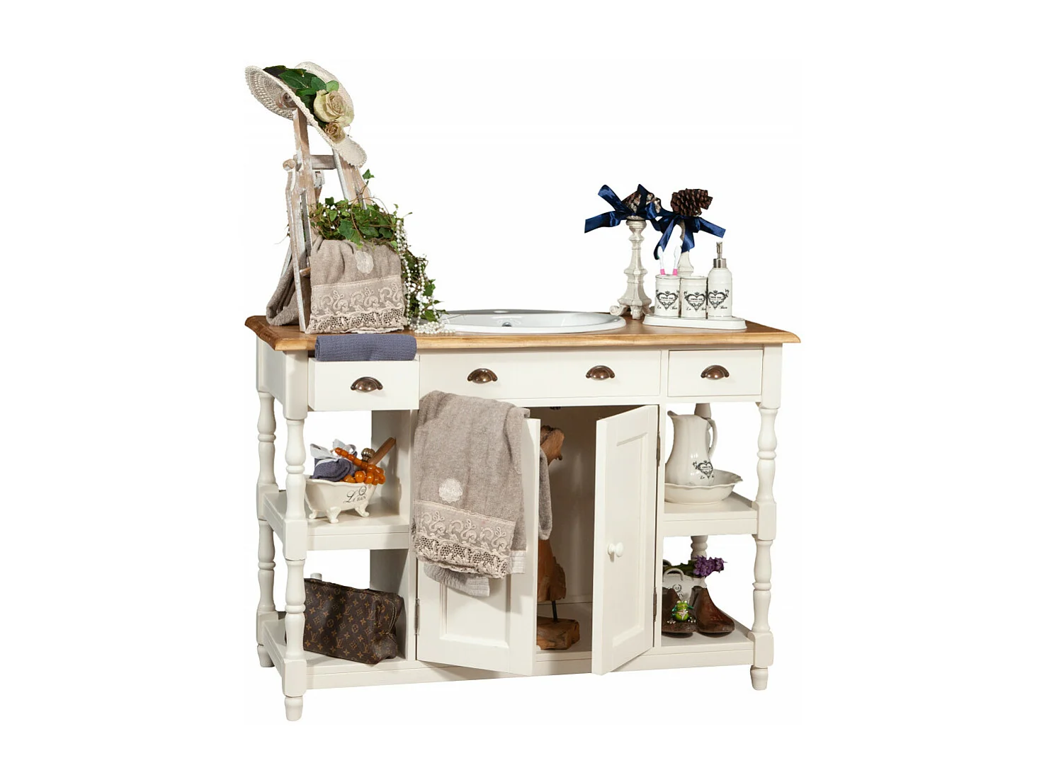 Mobilier de salle de bain BISCOTTINI - Bois de tilleul massif avec finition blanche antique - Rangement - Présentation - Étagères - Armoire - 128x54x92cm