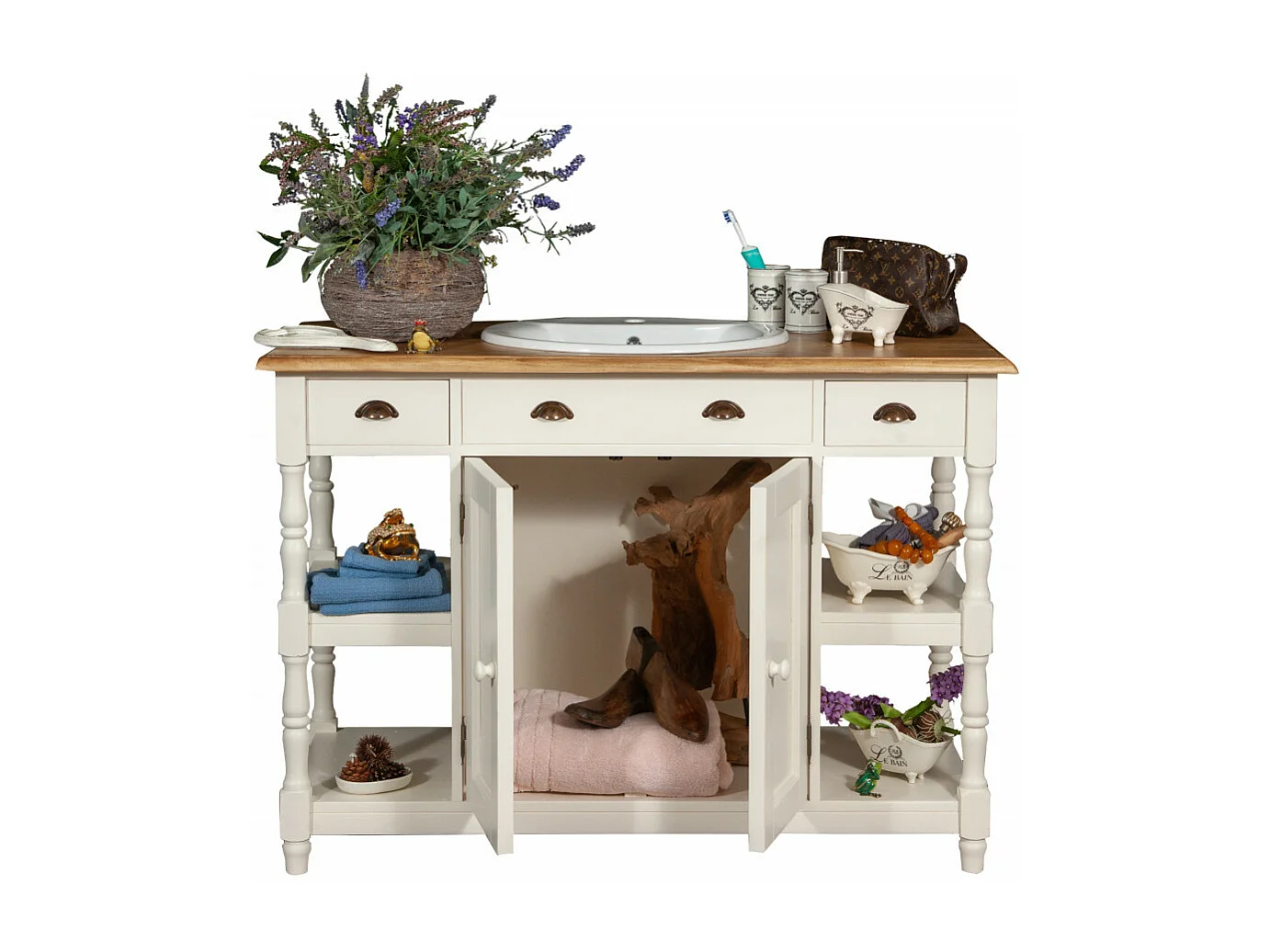 Mobilier de salle de bain BISCOTTINI - Bois de tilleul massif avec finition blanche antique - Rangement - Présentation - Étagères - Armoire - 128x54x92cm