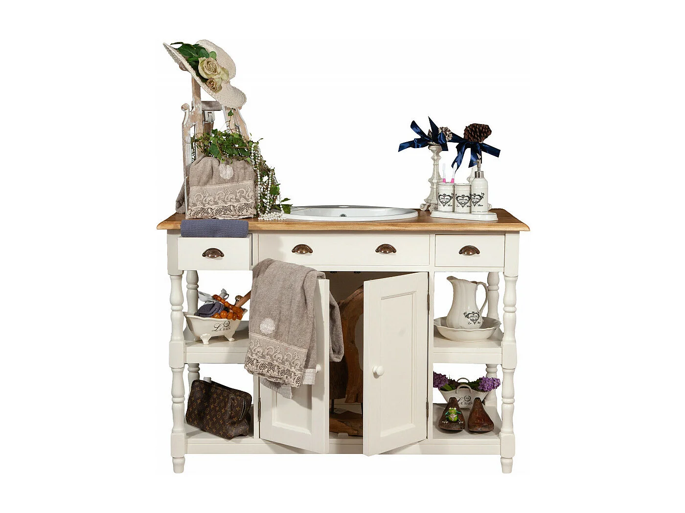 Mobilier de salle de bain BISCOTTINI - Bois de tilleul massif avec finition blanche antique - Rangement - Présentation - Étagères - Armoire - 128x54x92cm