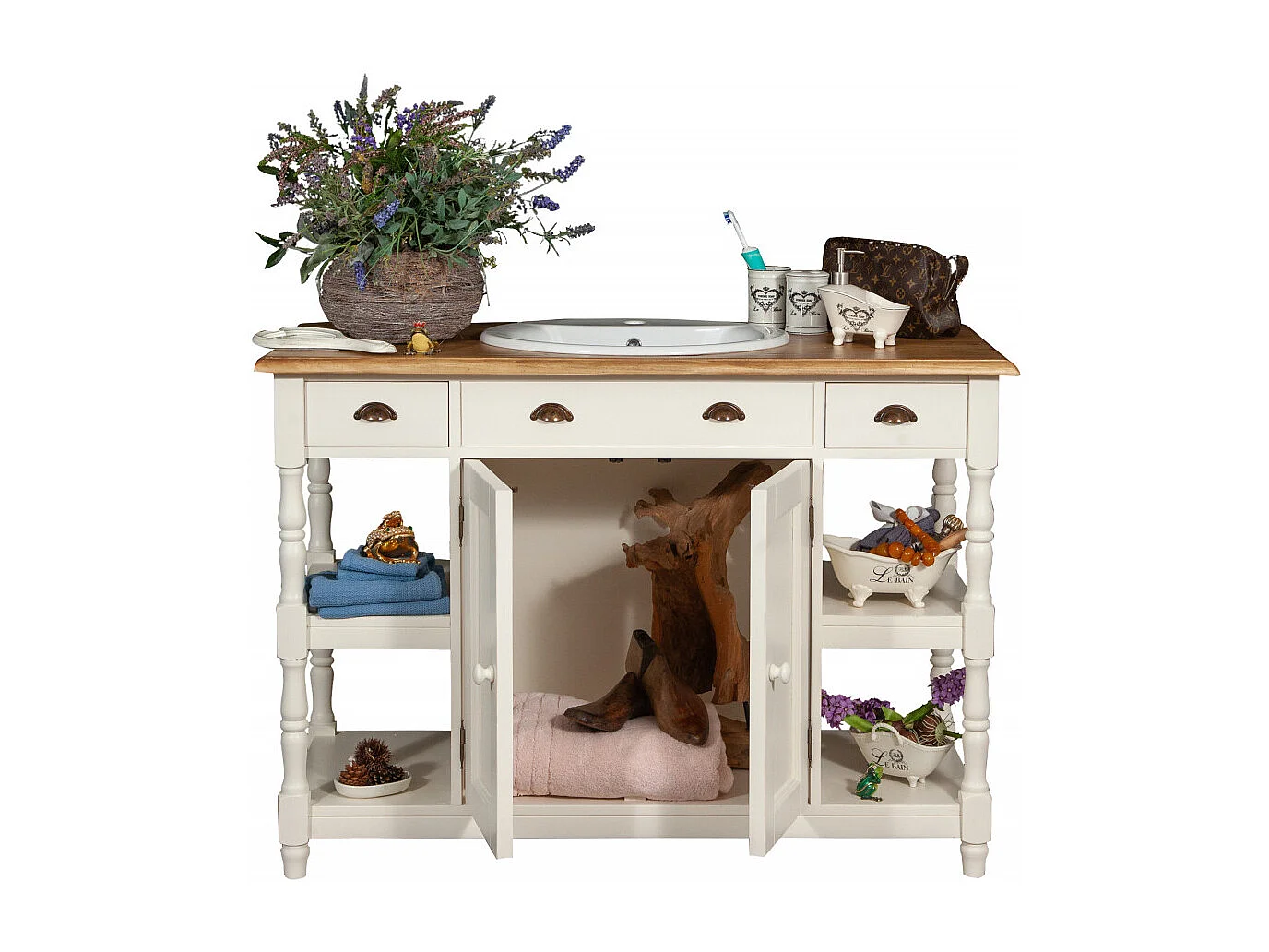 Mobilier de salle de bain BISCOTTINI - Bois de tilleul massif avec finition blanche antique - Rangement - Présentation - Étagères - Armoire - 128x54x92cm