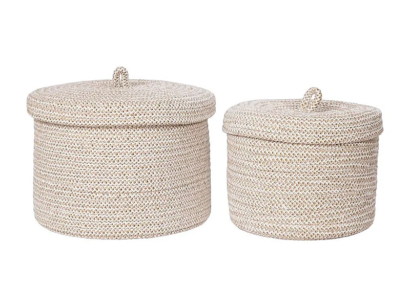 SYBELLE - Lot de 2 paniers ronds en coton beige avec couvercles