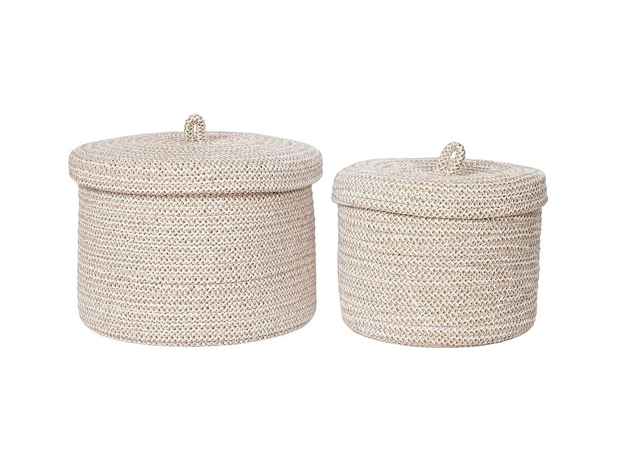SYBELLE - Lot de 2 paniers ronds en coton beige avec couvercles