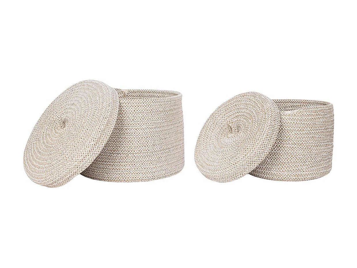 SYBELLE - Lot de 2 paniers ronds en coton beige avec couvercles