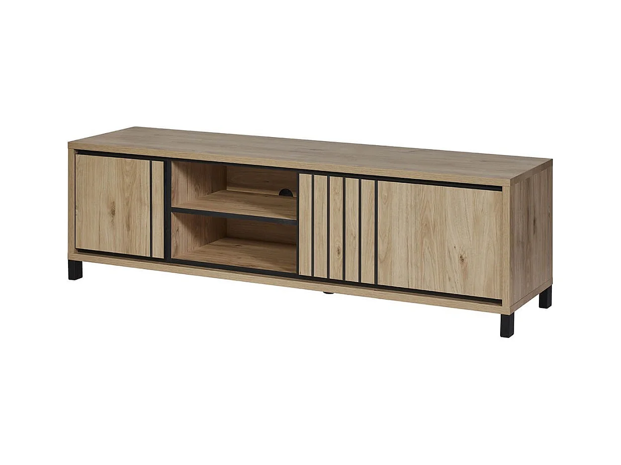 ANTHONY - Meuble TV 170cm Aspect bois Détail Déco Lignes Verticales Noires