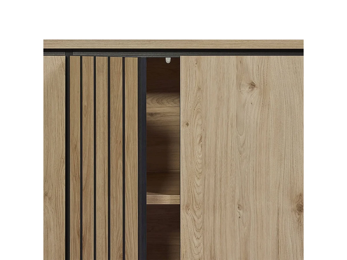 ANTHONY - Buffet 4 Portes 188cm Aspect bois Détail Déco Lignes Verticales Noires