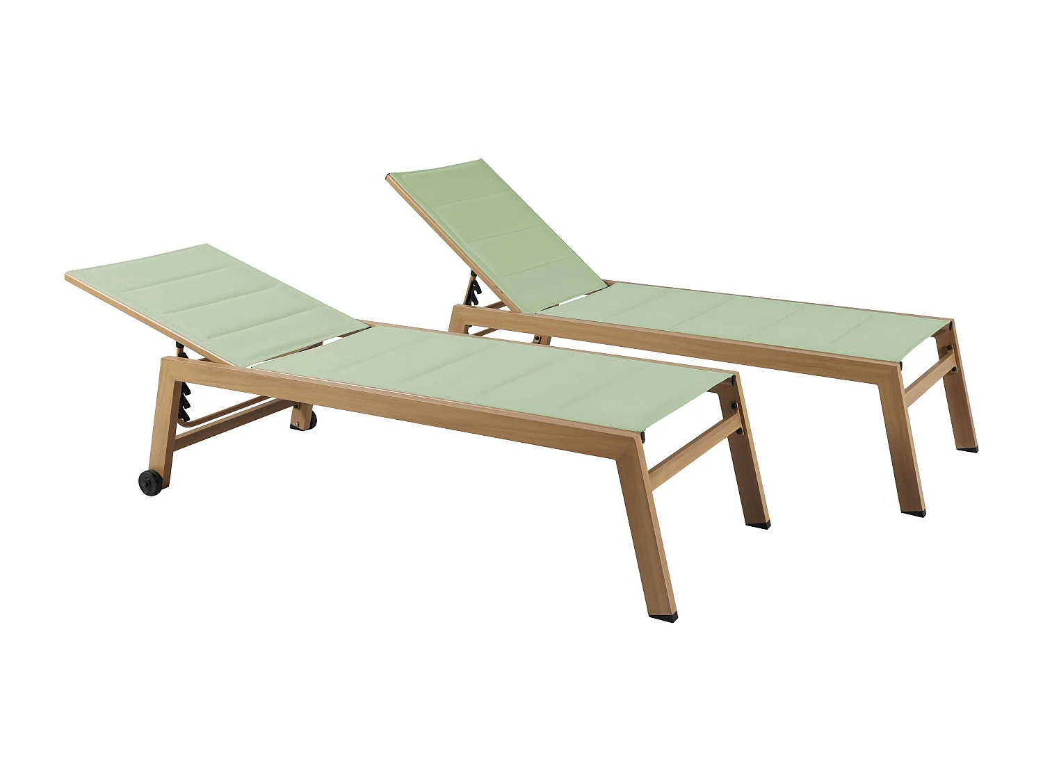 Lot de 2 bains de soleil effet bois inclinable avec roues vert sauge - Futuna
