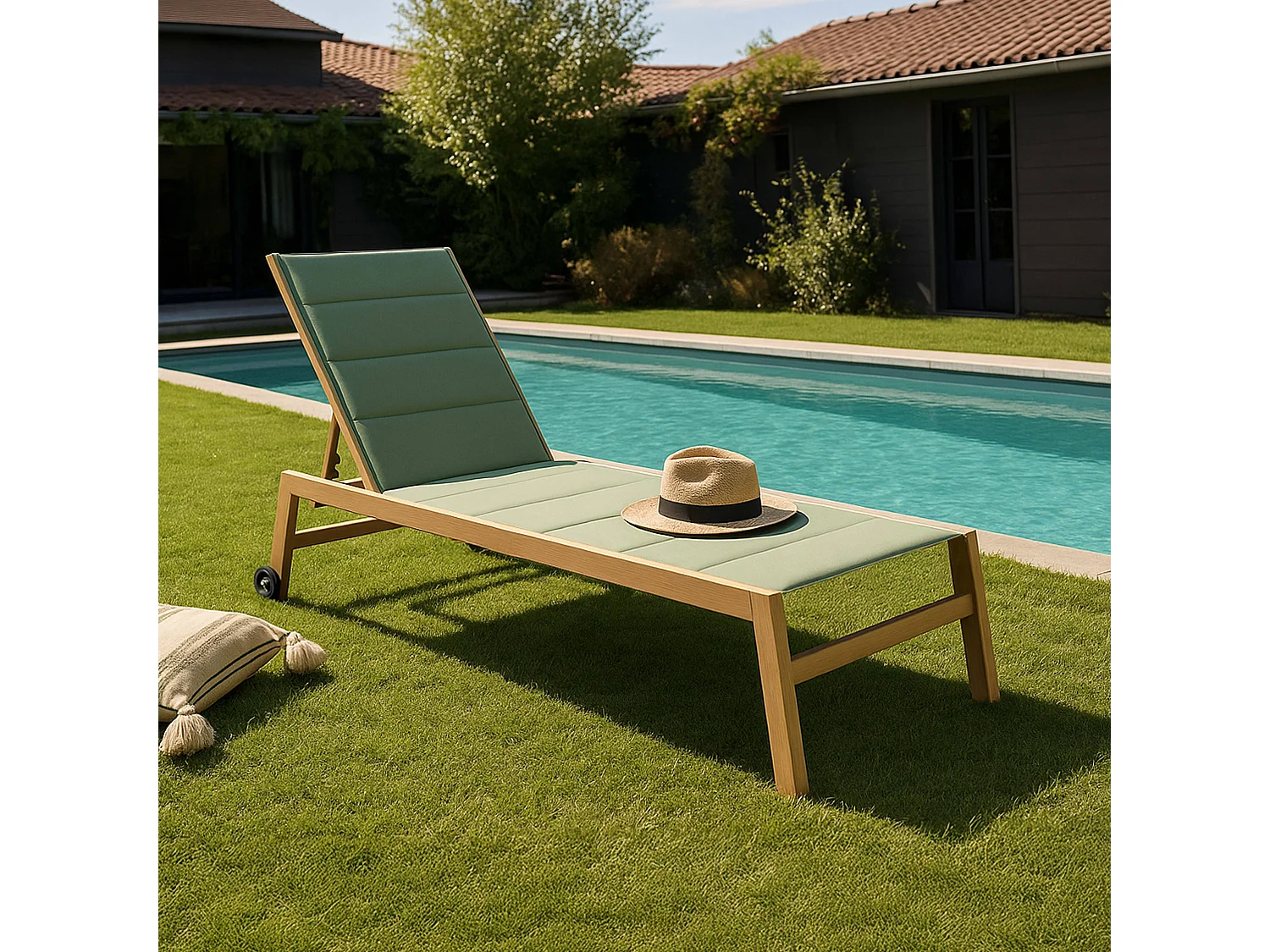 Lot de 2 bains de soleil effet bois inclinable avec roues vert sauge - Futuna