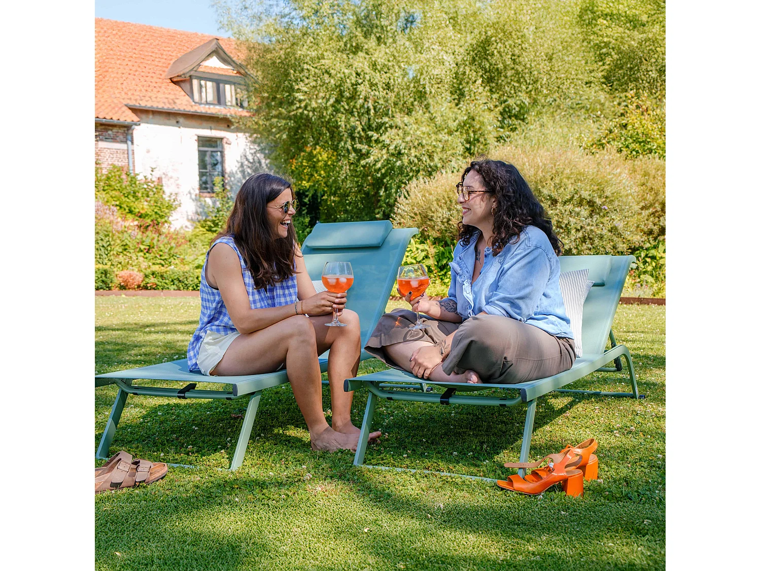 Lot de 2 bains de soleil inclinable avec roues vert cactus - Olmeta