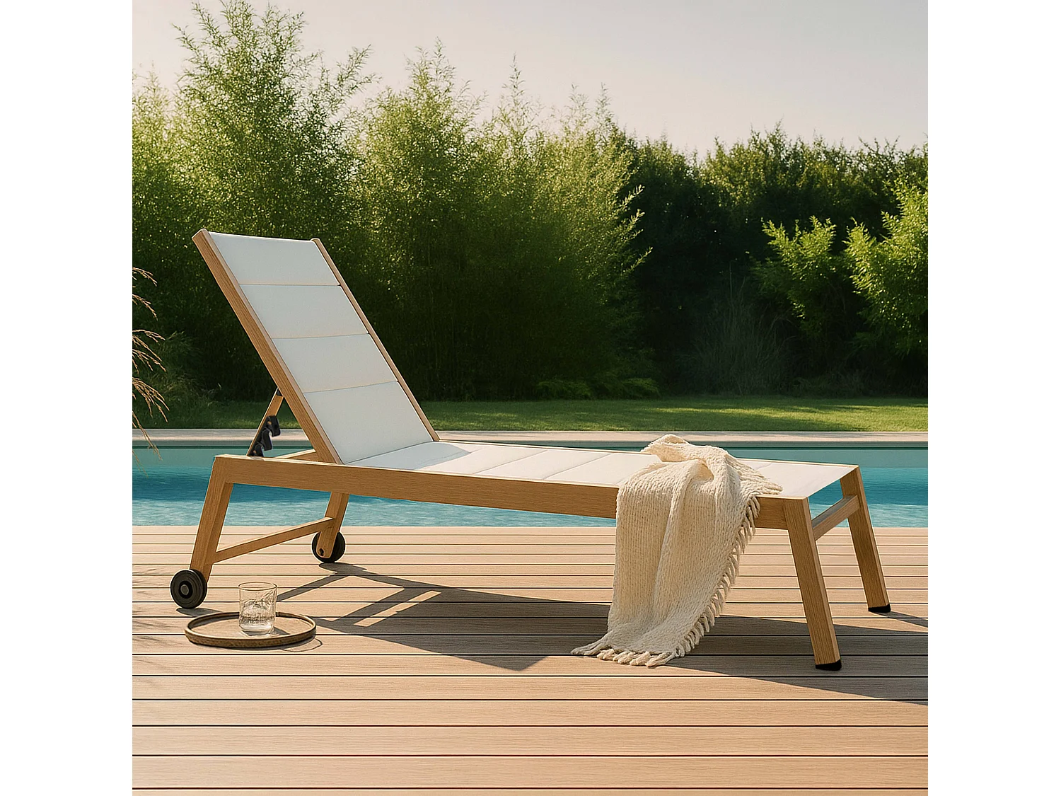 Lot de 2 bains de soleil effet bois inclinable avec roues blanc - Futuna