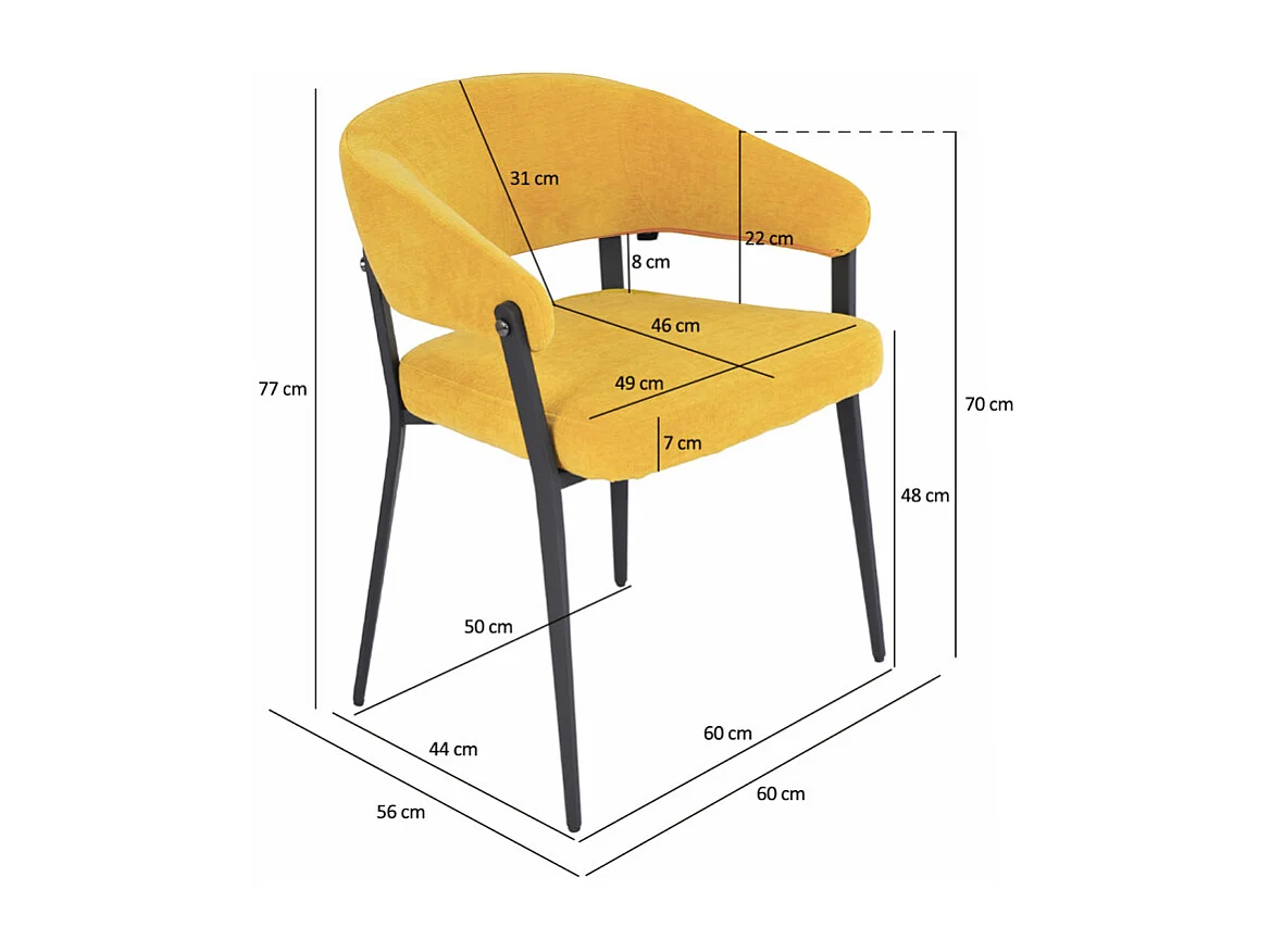 Lot de 2 chaises accoudoirs en tissu jaune et structure métal - HELGA