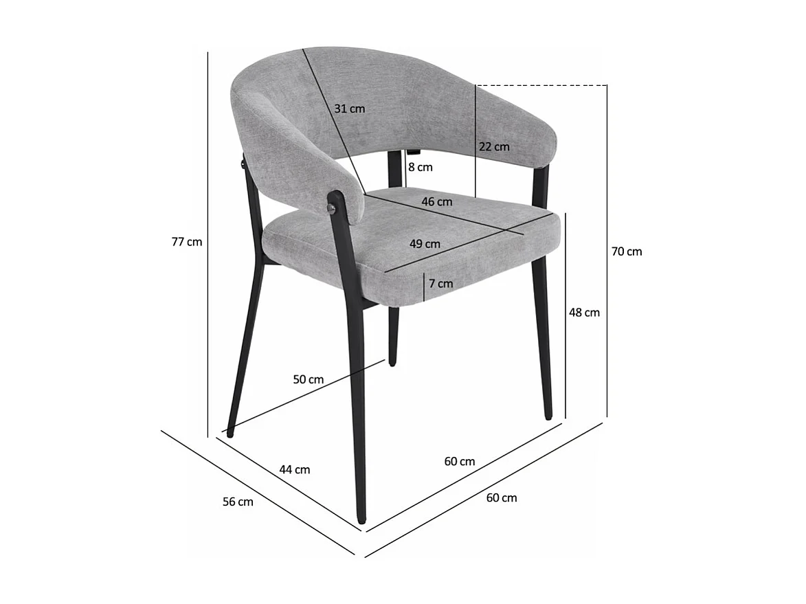 Lot de 2 chaises accoudoirs en tissu gris et structure métal - HELGA