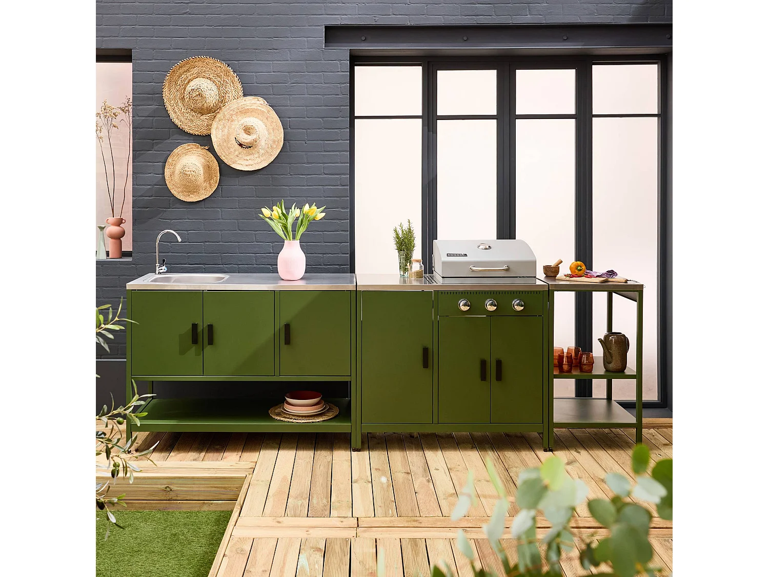 Cucina da esterno 3 moduli con barbecue a gas 3 bruciatori su piedi,