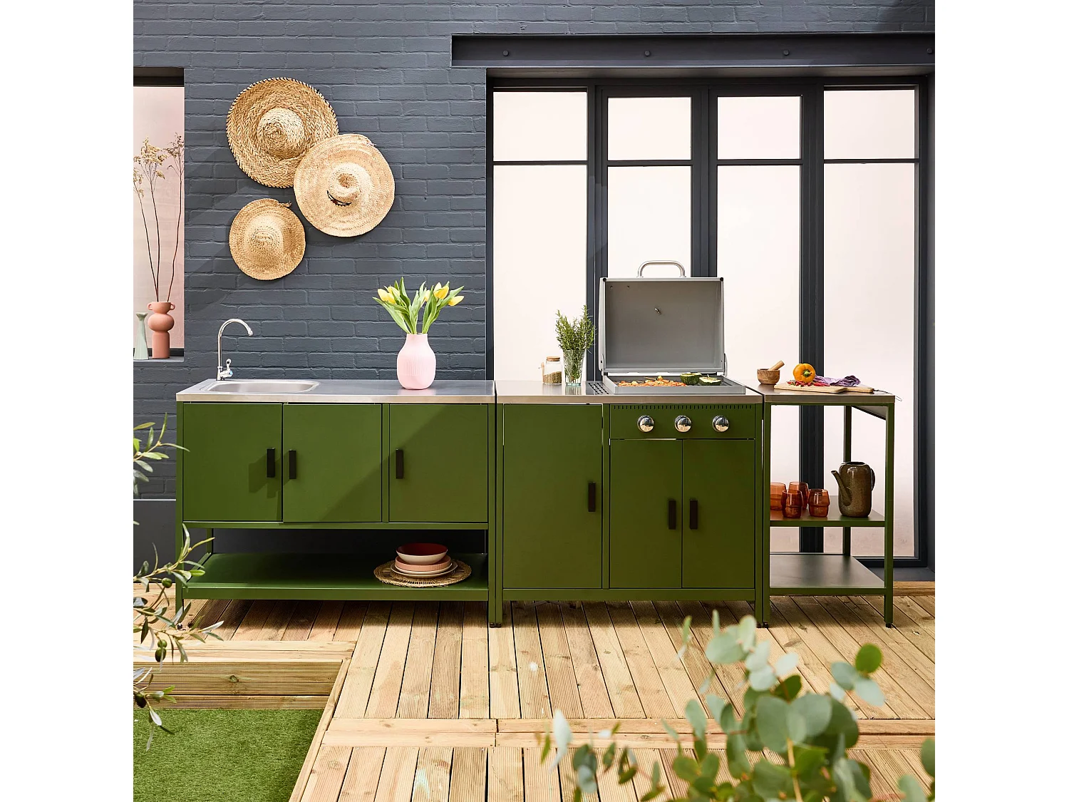 Cucina da esterno 3 moduli con barbecue a gas 3 bruciatori su piedi,