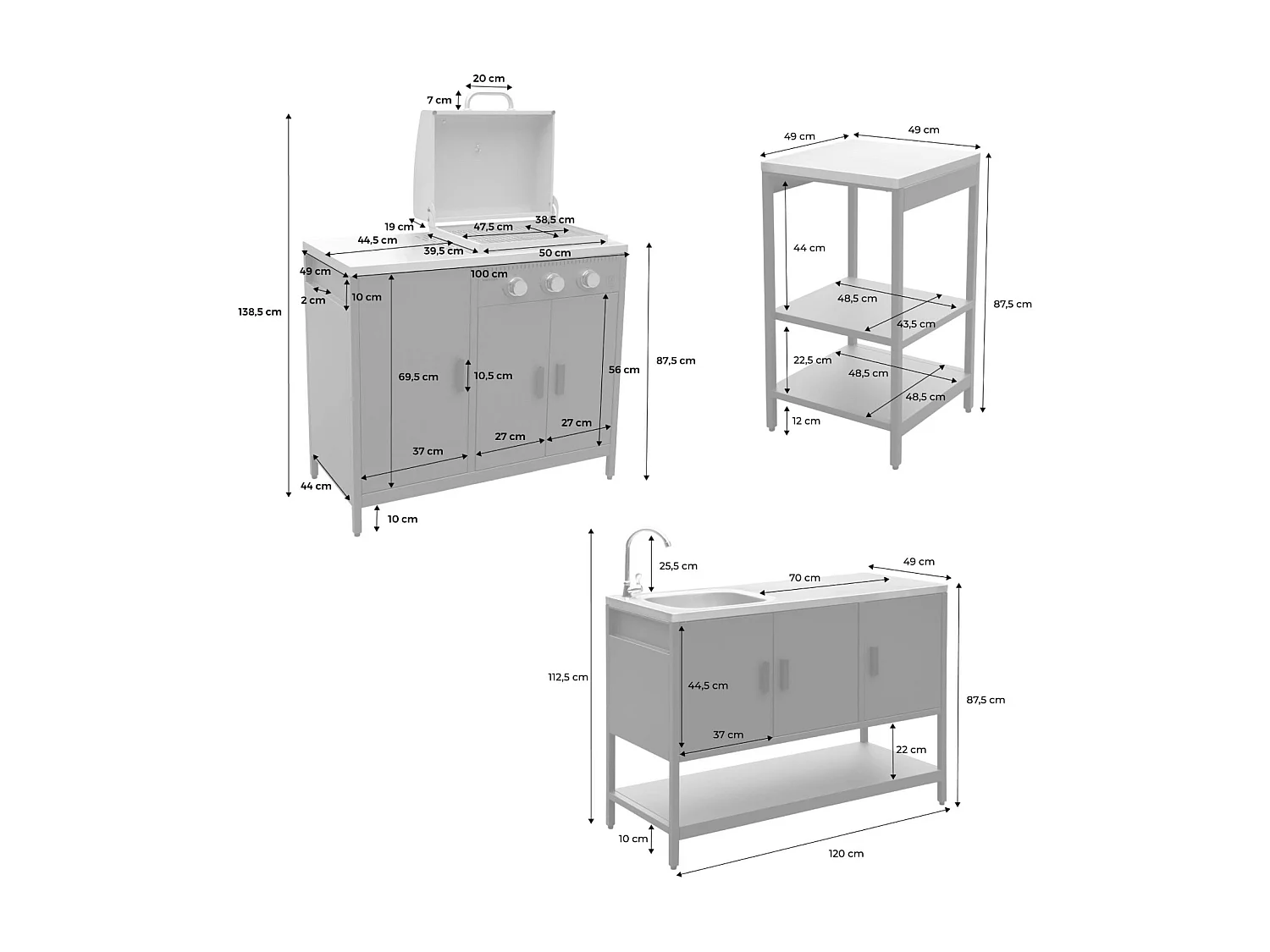 Cucina da esterno 3 moduli con barbecue a gas 3 bruciatori su piedi,
