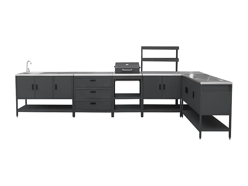 Cucina esterna acciaio inossidabile con barbecue a carbone, 6 moduli,