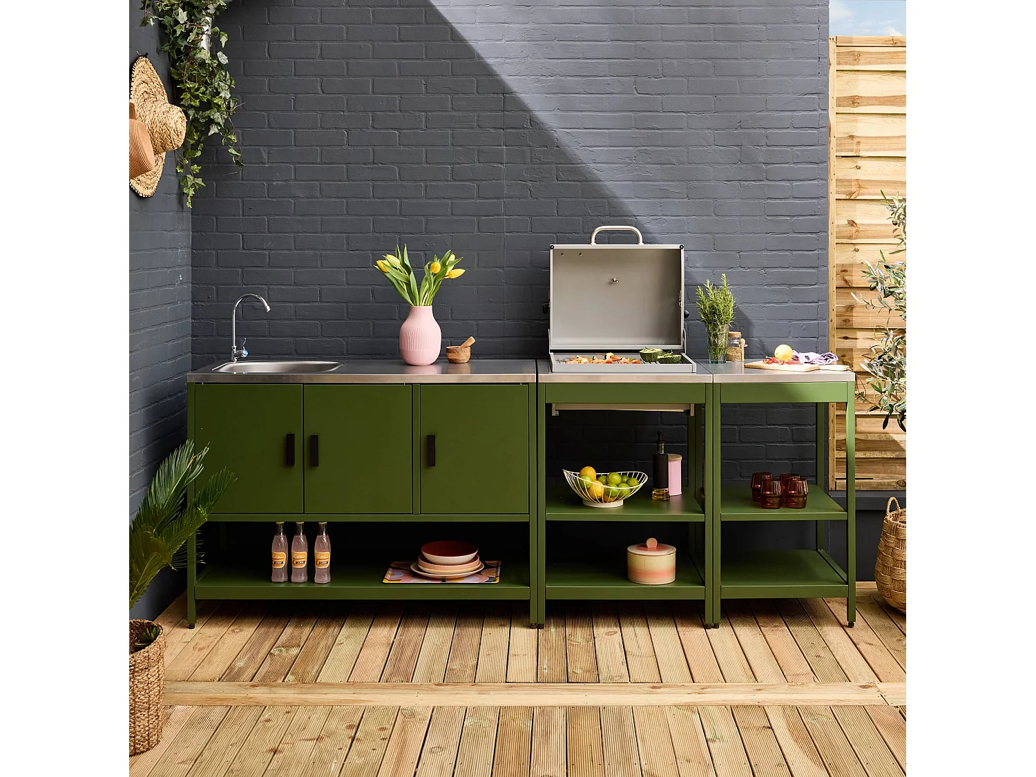 Cucina esterna acciaio inossidabile con barbecue a carbone, 3 moduli,