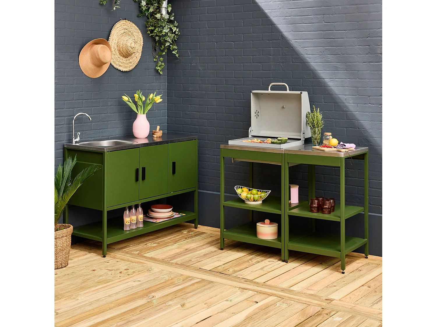 Cucina esterna acciaio inossidabile con barbecue a carbone, 3 moduli,