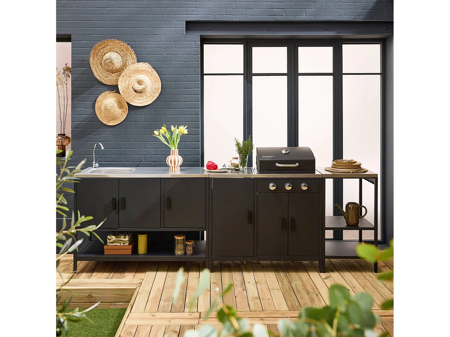 Cucina da esterno 3 moduli con barbecue a gas 3 bruciatori su piedi,