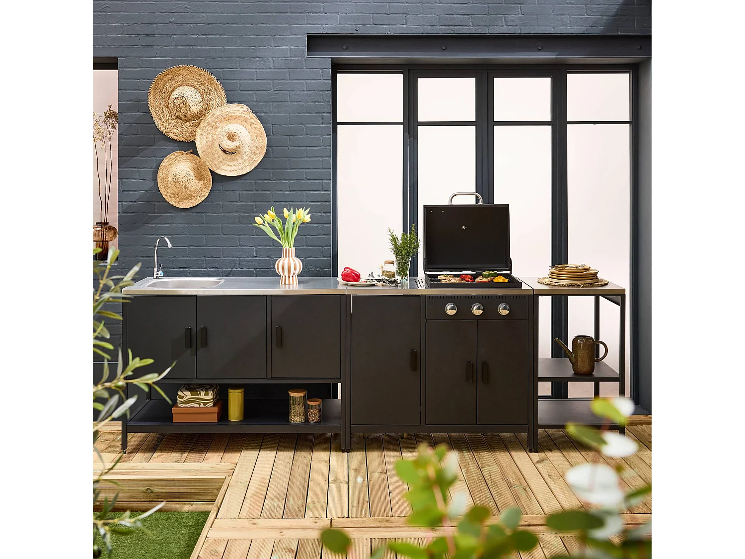 Cucina da esterno 3 moduli con barbecue a gas 3 bruciatori su piedi,