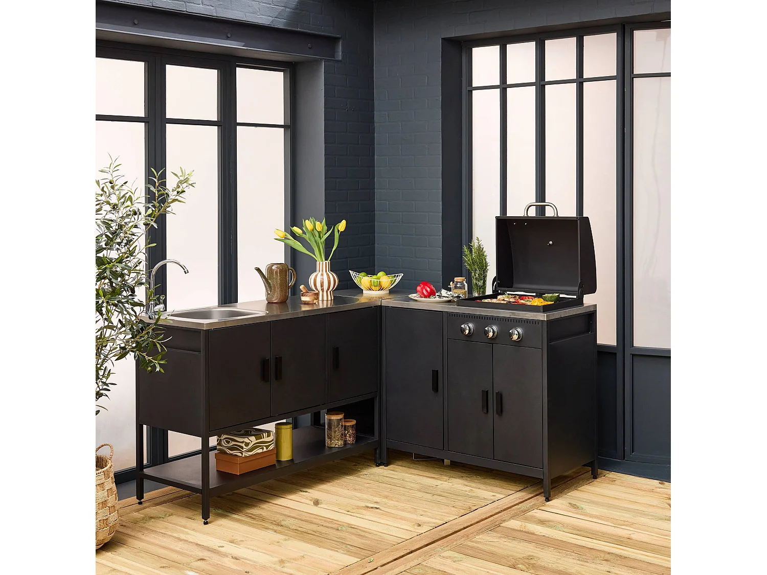 Cucina da esterno 3 moduli con barbecue a gas 3 bruciatori su piedi,