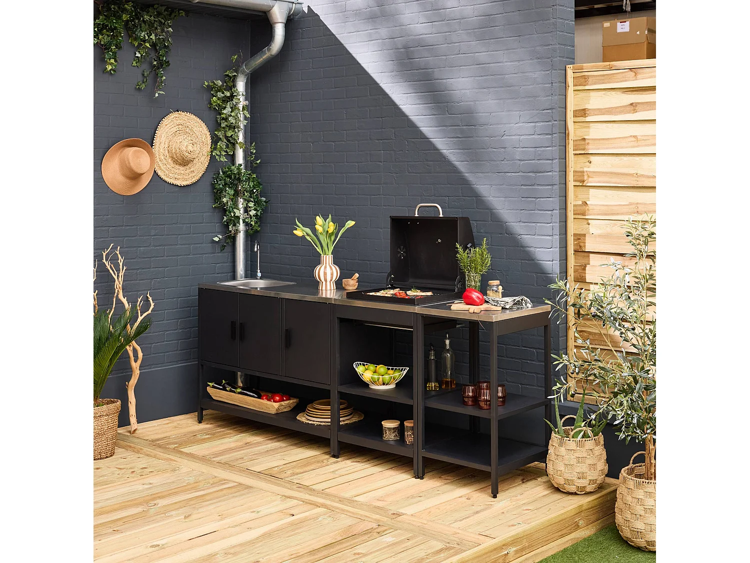 Cucina esterna acciaio inossidabile con barbecue a carbone, 3 moduli,