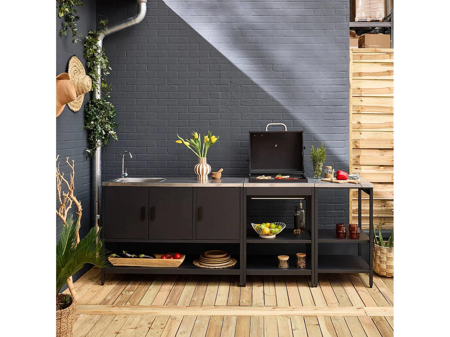 Cucina esterna acciaio inossidabile con barbecue a carbone, 3 moduli,