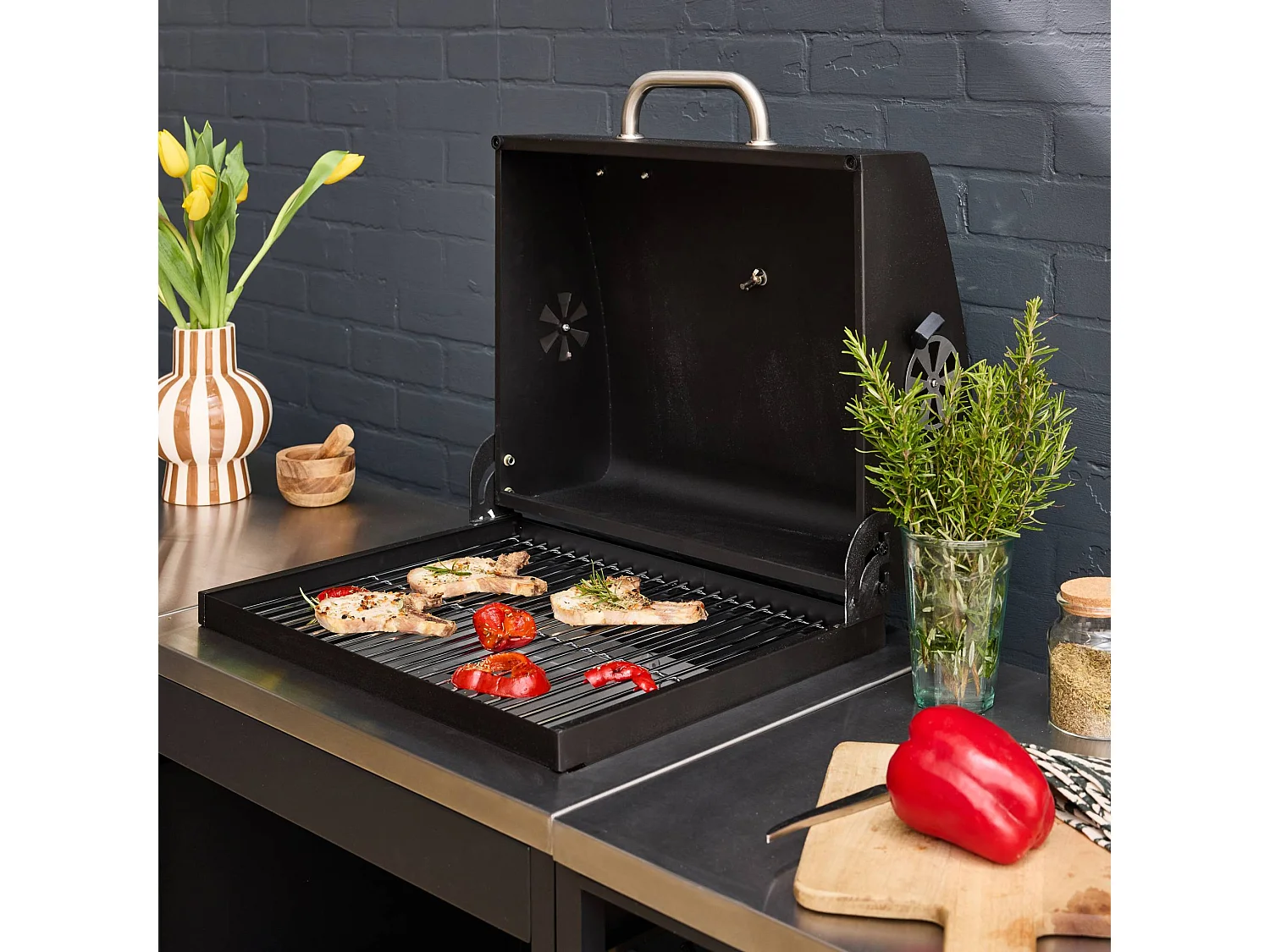 Cucina esterna acciaio inossidabile con barbecue a carbone, 3 moduli,