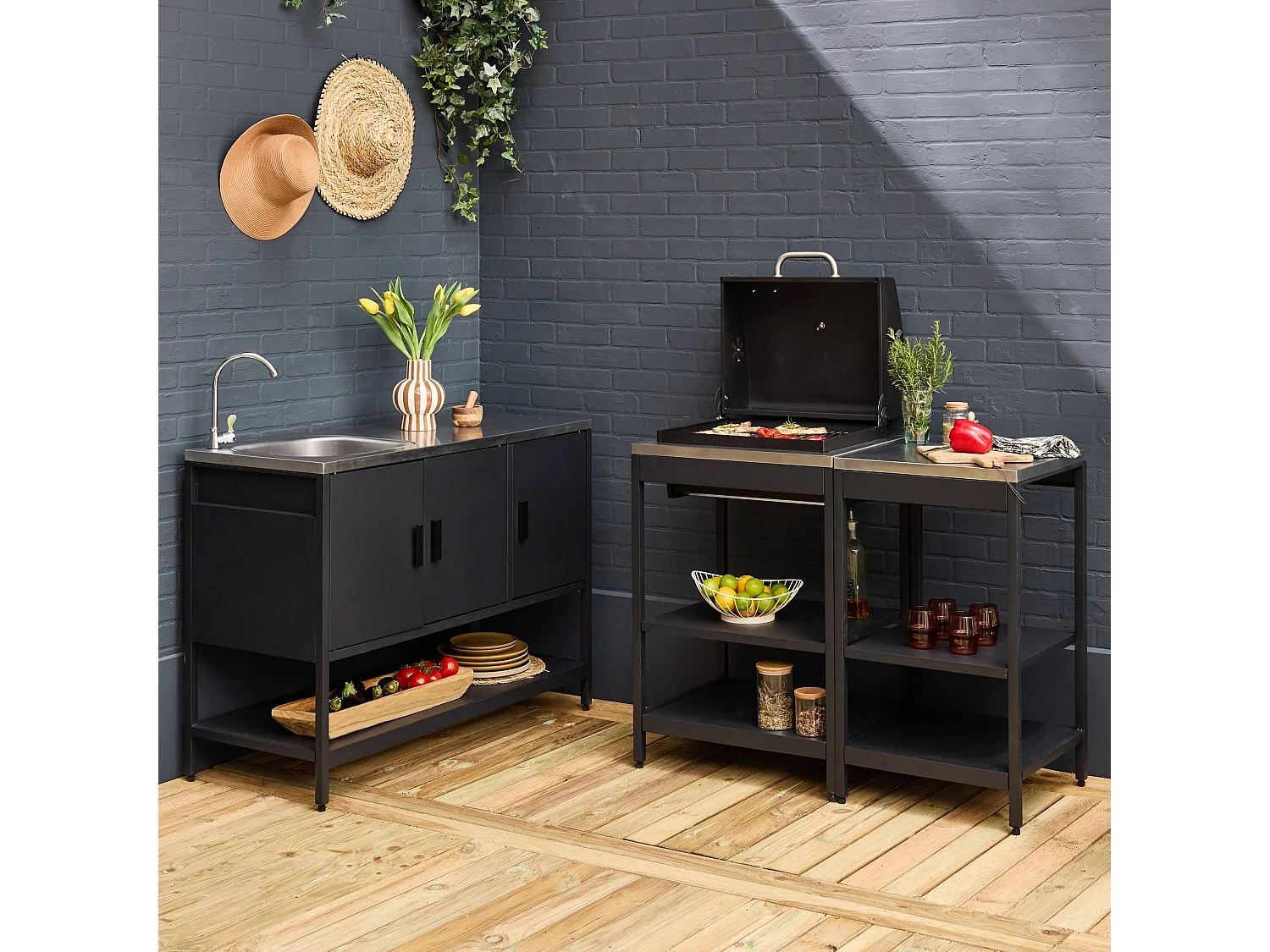 Cucina esterna acciaio inossidabile con barbecue a carbone, 3 moduli,