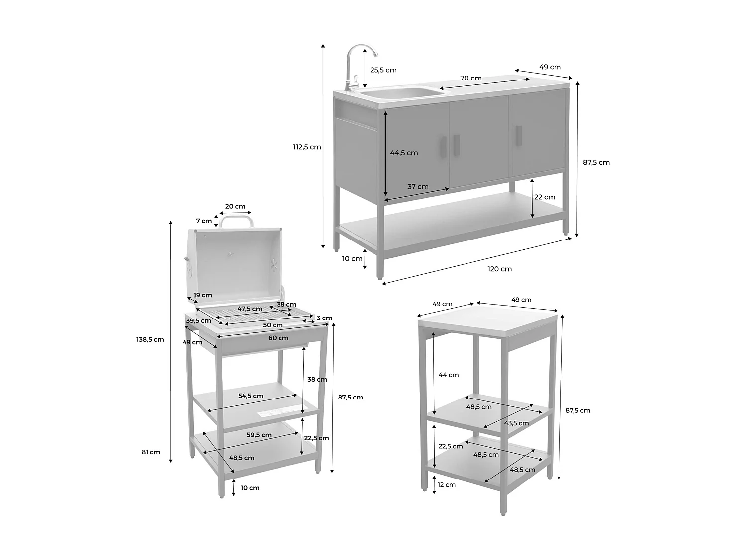 Cucina esterna acciaio inossidabile con barbecue a carbone, 3 moduli,