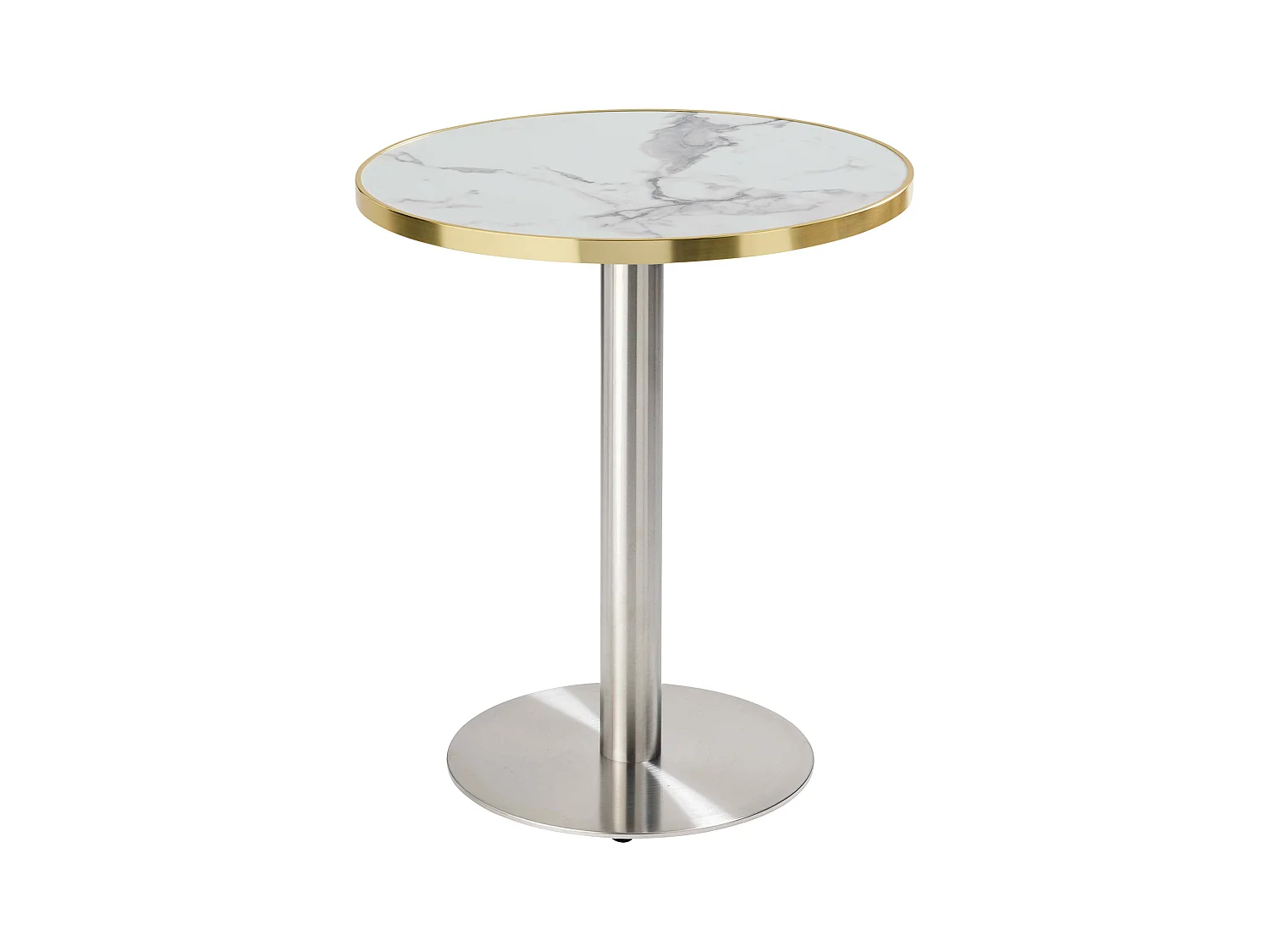 Ronde eettafel van 60 cm met wit/gouden marmeren blad en zilveren