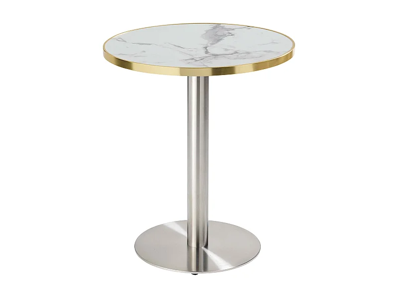 Table à manger ronde 60 cm plateau marbre blanc/doré et pied argenté