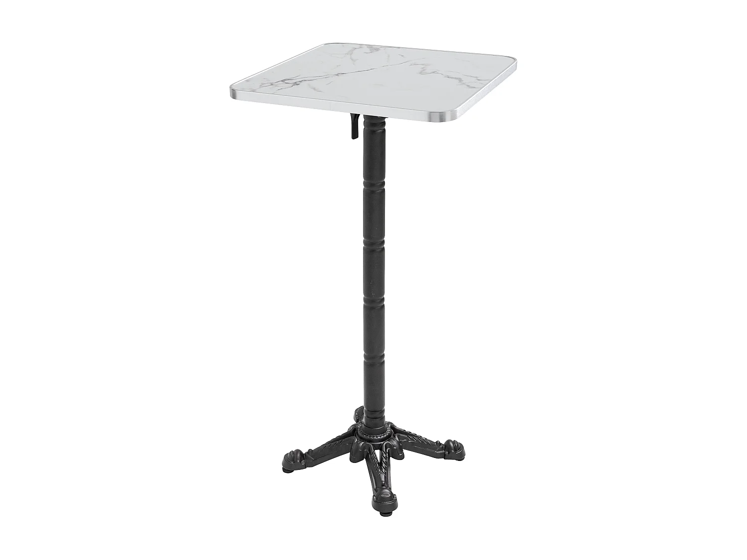 Table haute 60 cm inclinable plateau marbre blanc/argent et pied noir