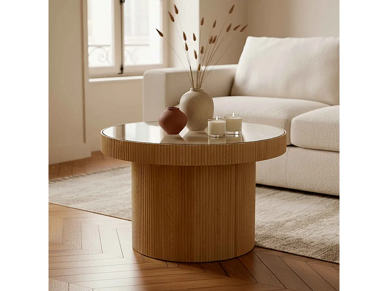 Table basse en MDF, bois et verre trempé