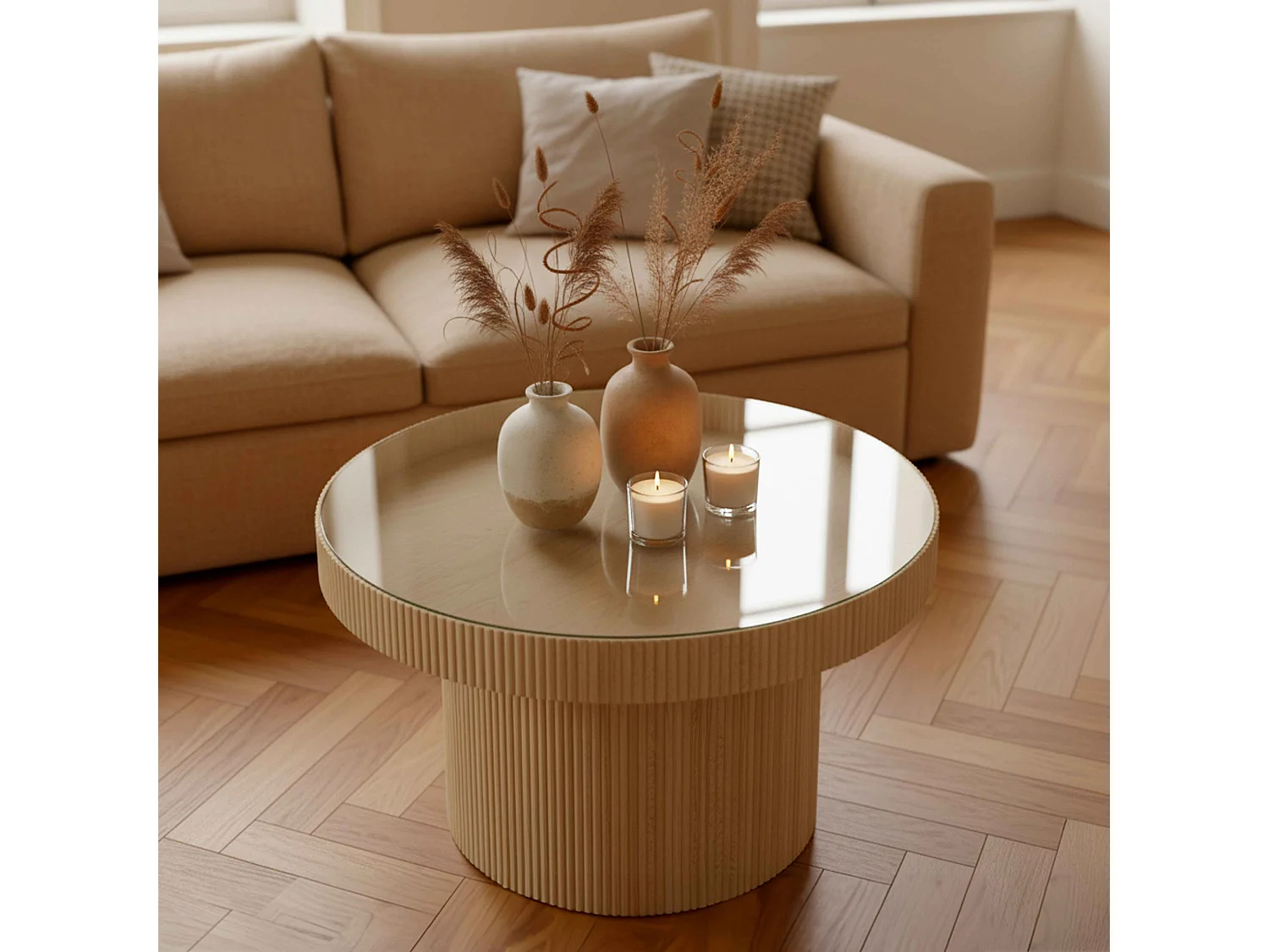 Table basse en MDF, bois et verre trempé