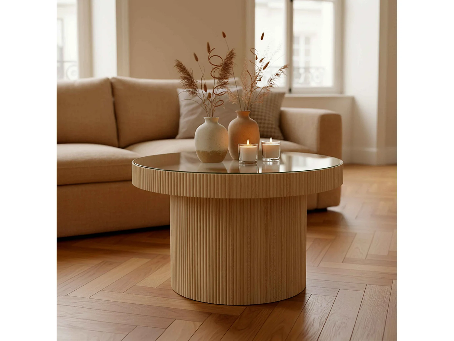 Table basse en MDF, bois et verre trempé