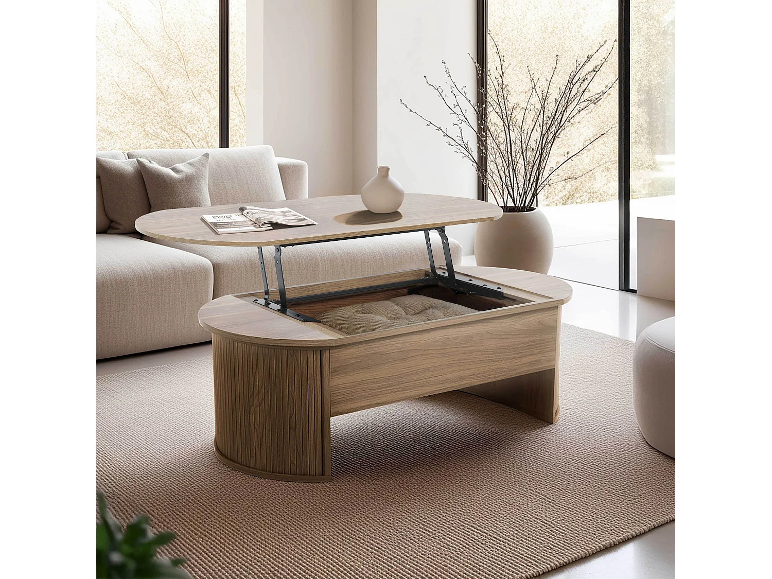 Table basse ovale avec plateau relevable effet bois clair