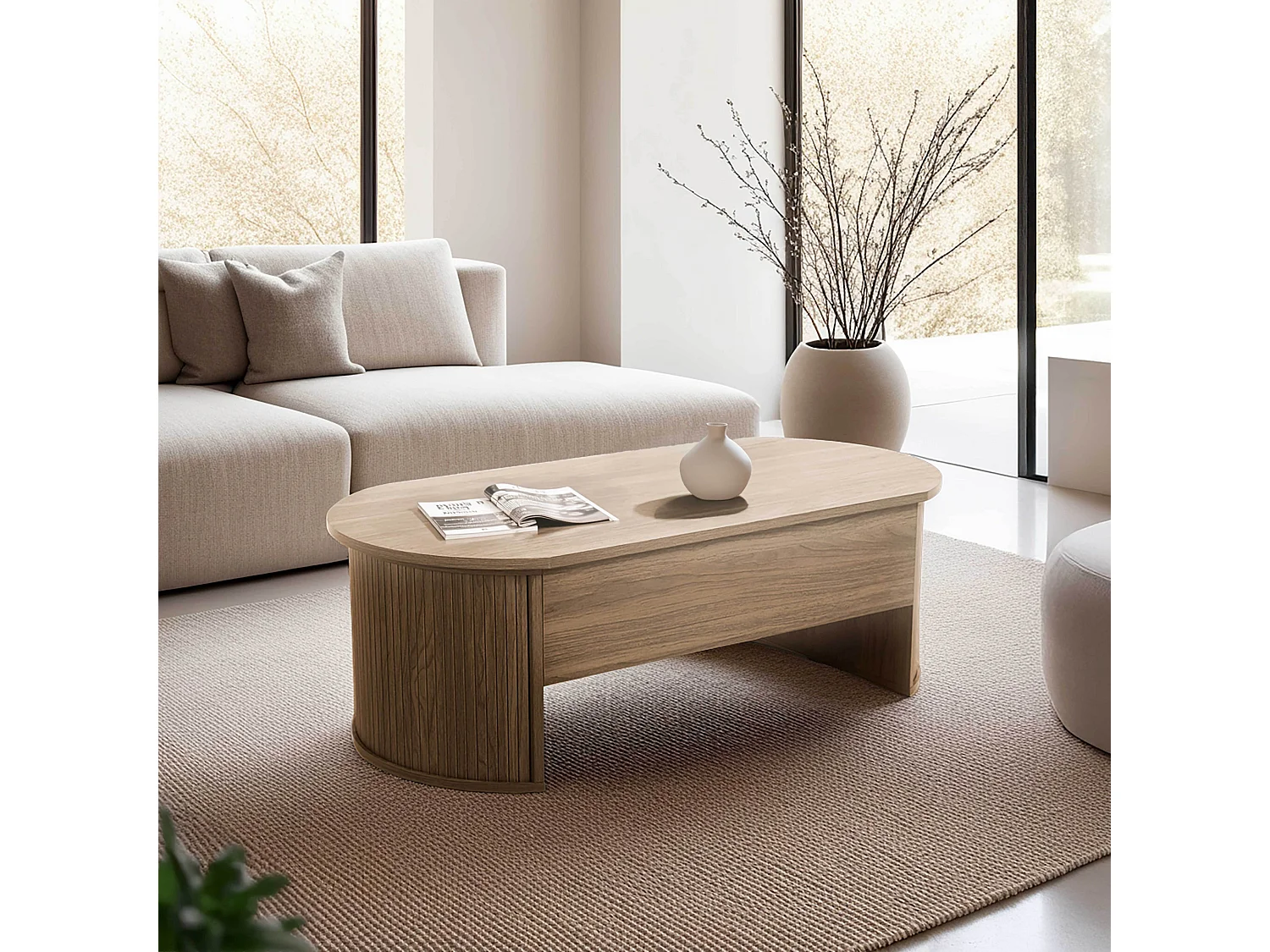 Table basse ovale avec plateau relevable effet bois clair