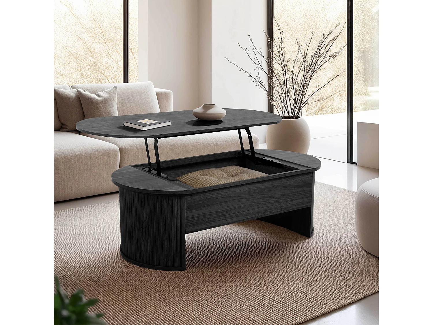 Table basse ovale avec plateau relevable effet bois noir