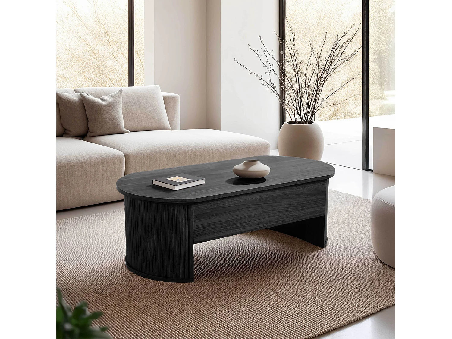 Table basse ovale avec plateau relevable effet bois noir