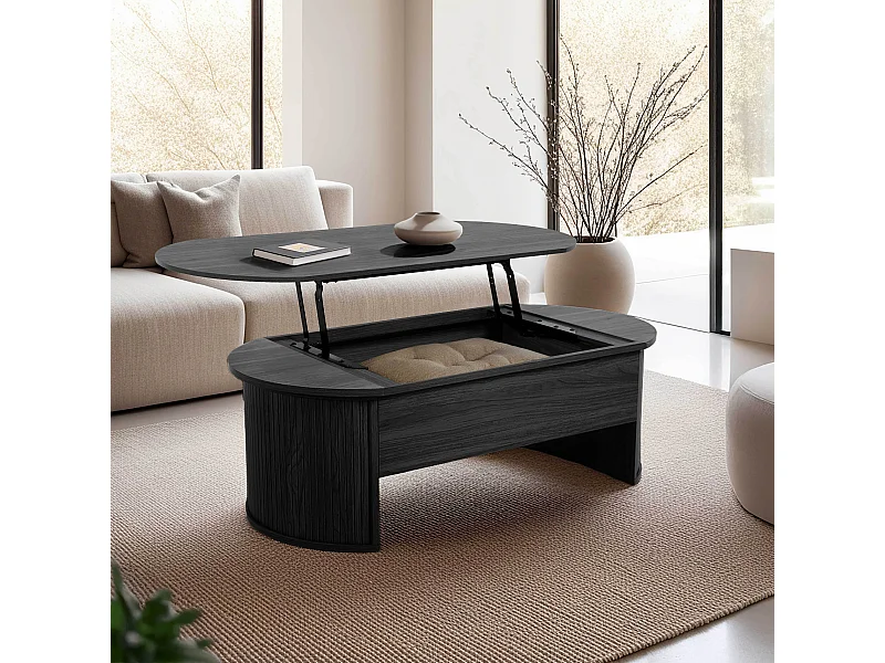 Table basse ovale avec plateau relevable effet bois noir
