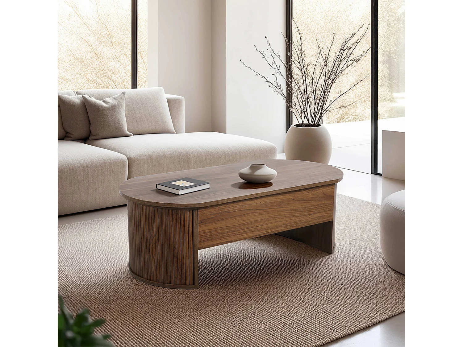 Ovale salontafel met donker houtlook opklapbaar blad