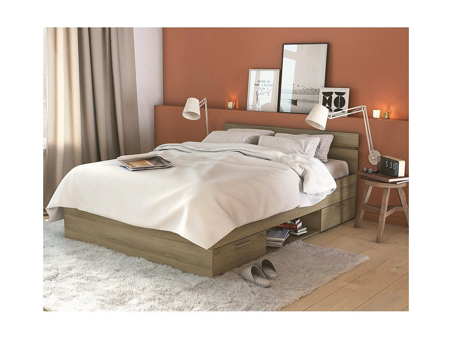 Lit 140X200 cm 2 tiroirs et 1 niche L204,3 cm - MICHIGAN