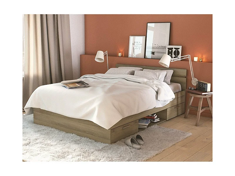 Letto per adulti 2 cassetti - MICHIGAN - Rovere - 140 x 200 cm - DEMEYERE