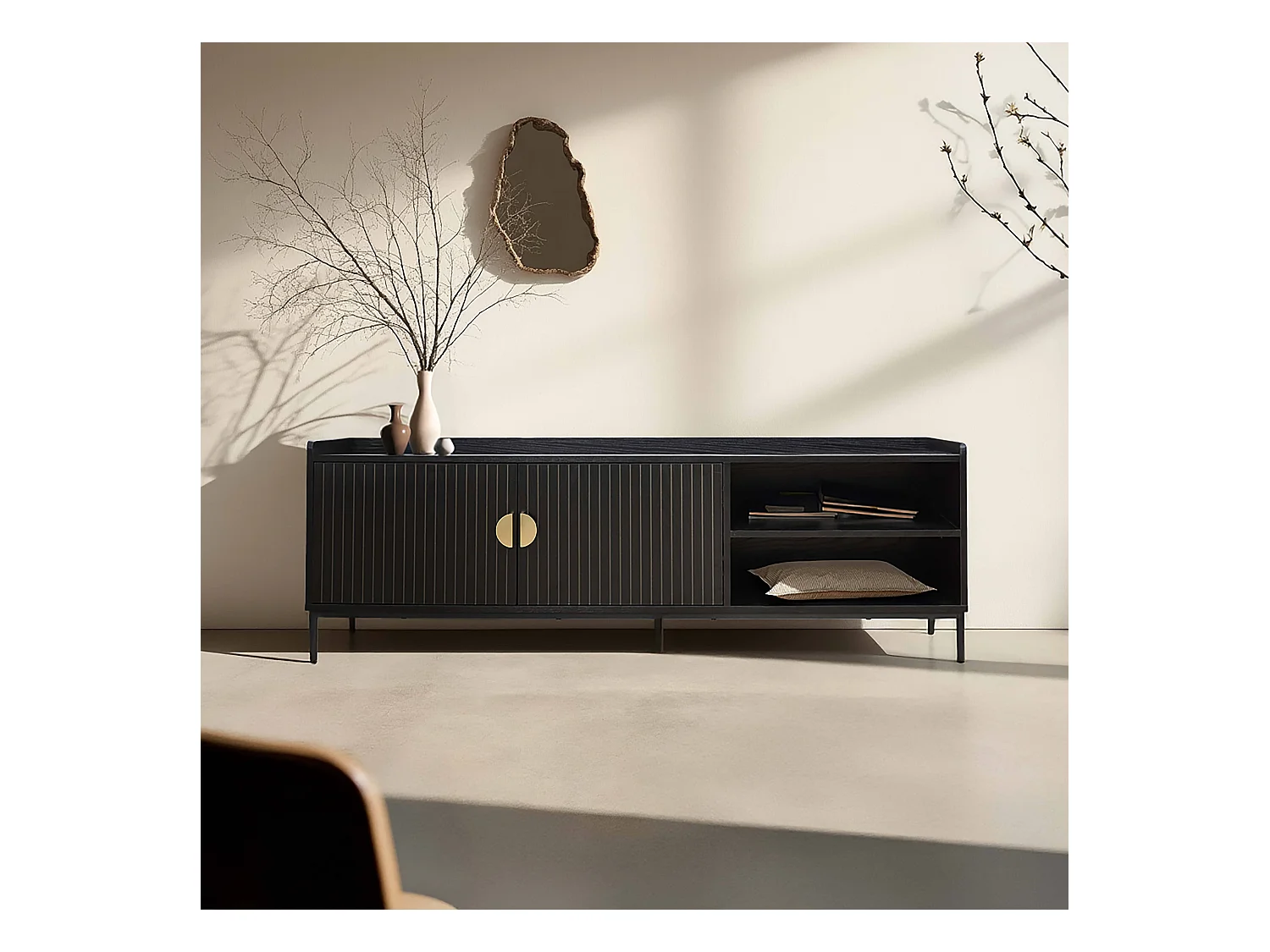 Meuble TV en acier et MDF décor mélaminé 150 cm noir