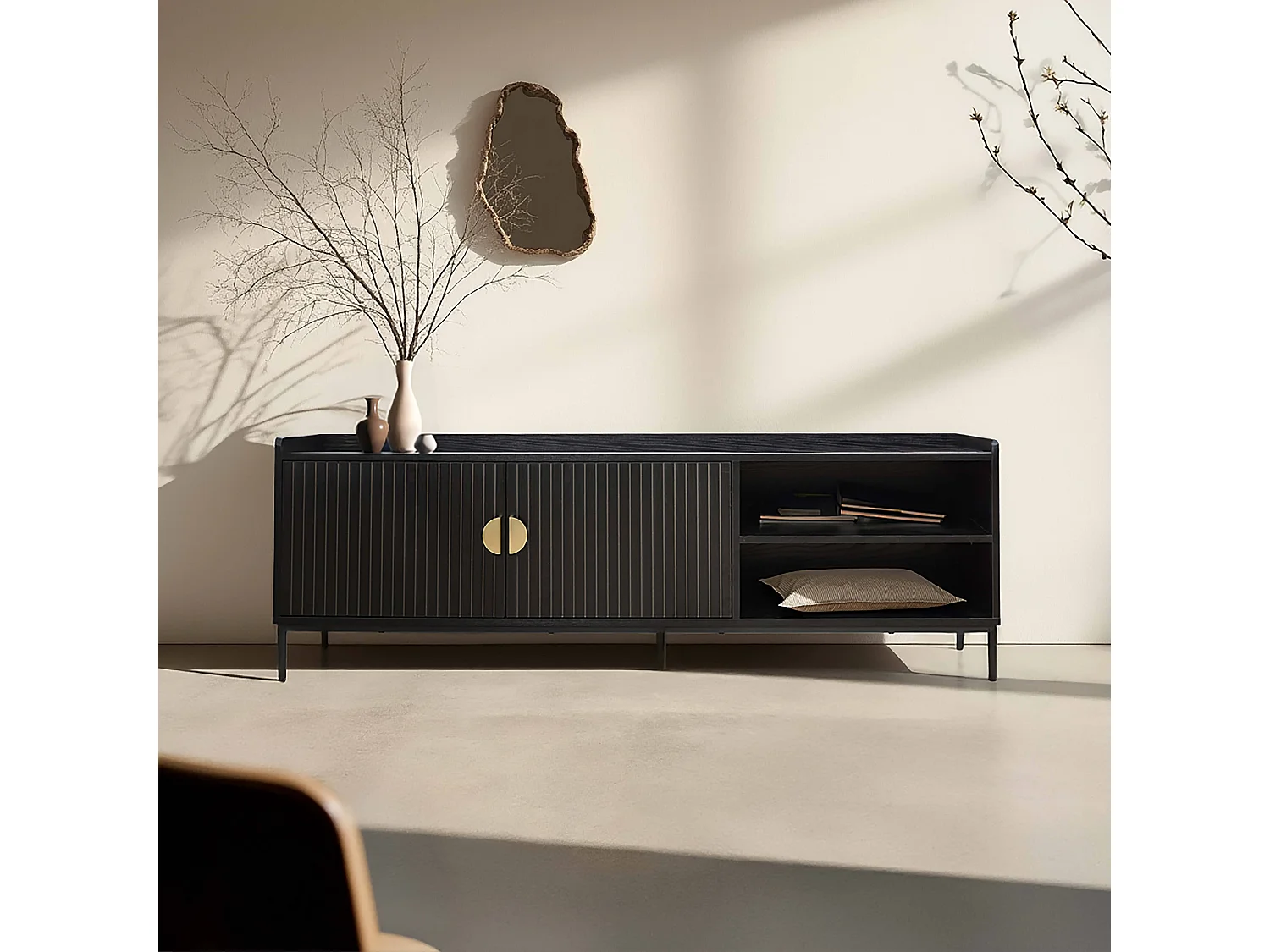 Meuble TV en acier et MDF décor mélaminé 150 cm noir